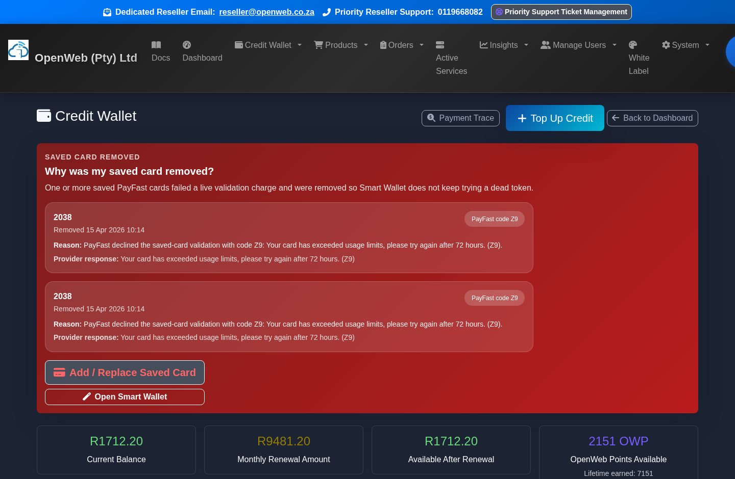 Live OpenWeb reseller panel screenshot: Credit wallet and Smart Wallet