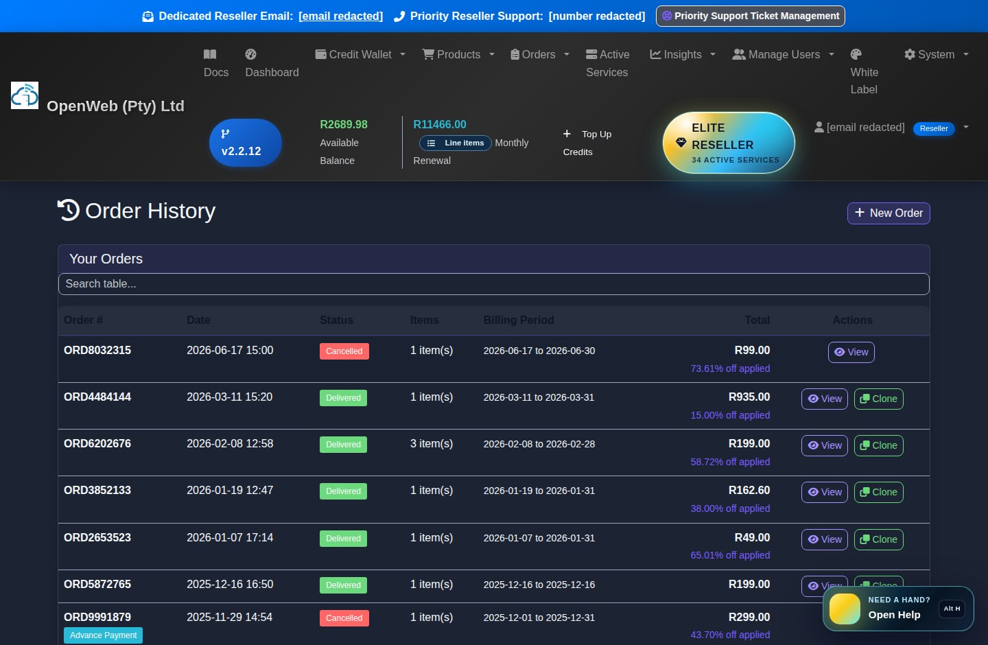 Current OpenWeb reseller panel screenshot: Order history