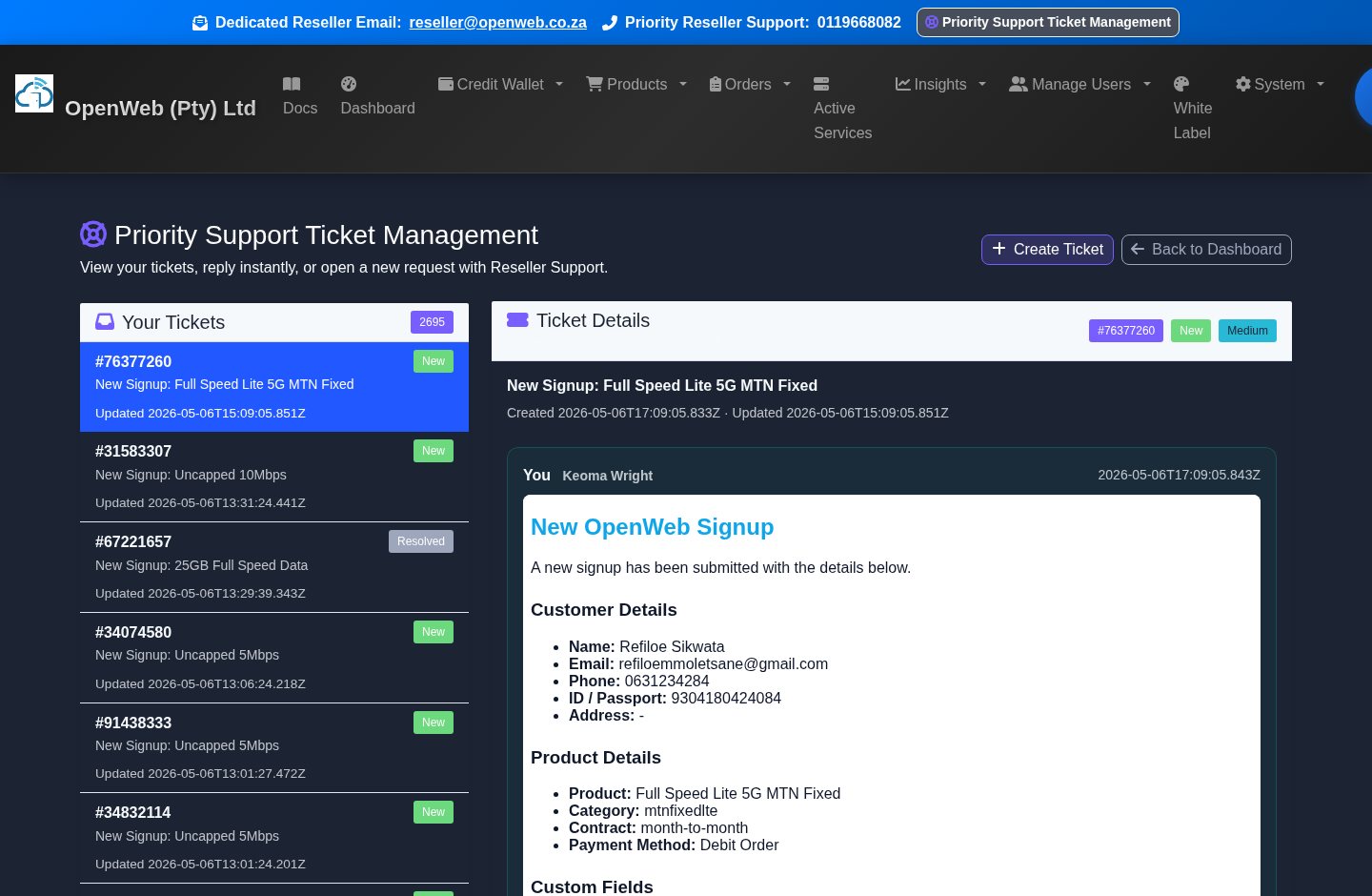 Live OpenWeb reseller panel screenshot: Support and legal centre